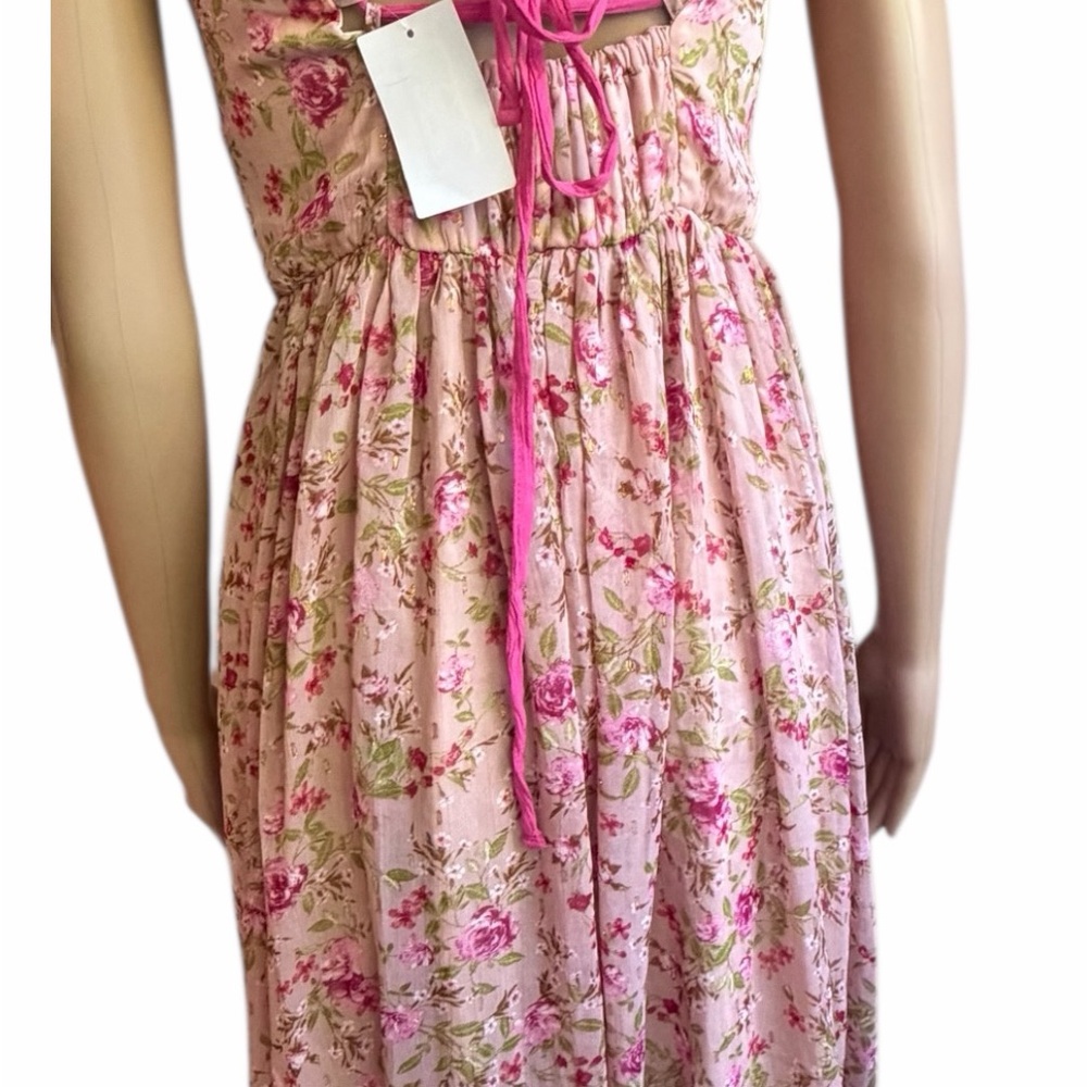 Zunie Pink Floral Midi Dress Size 12 NWT Adjustable Strap Cottagecore Sundress - Picture 5 of 8